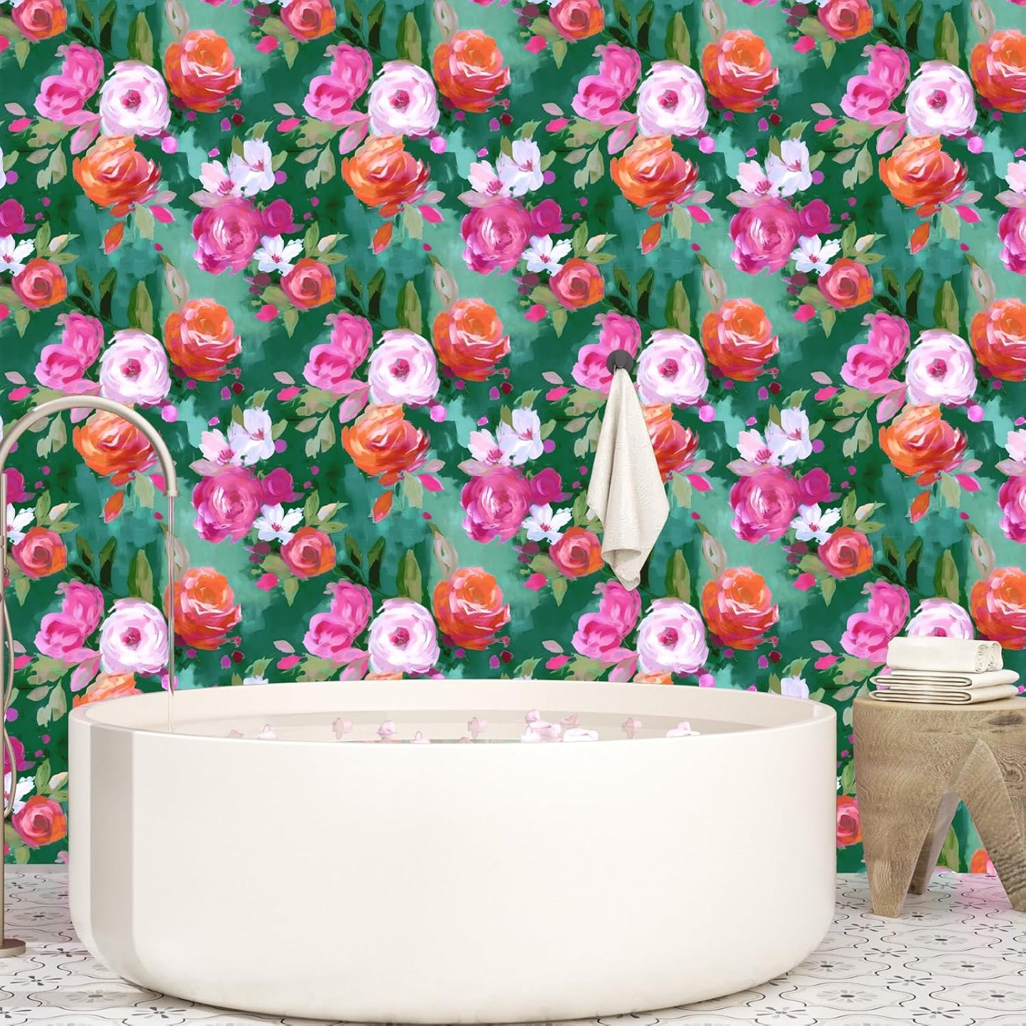BOKEBEVE Watercolour Floral Peel and Stick Wallpaper Boho Vibrant Contact Paper Renter Friendly Wall Paper for Countertop Cabinet Wall Shelf Liner Removable Blue Colorful 17.5 x 118In