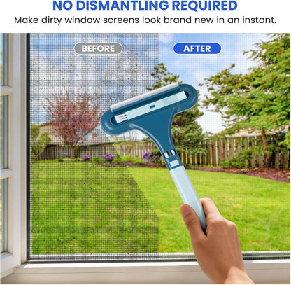 3-in-1 Screen Cleaning Brush with Squeegee - Window Mesh Cleaner & Pet Hair Remover for Couch, Multi-Use Crevice Tool for Patio and Porch Screens (Cyan Blue)