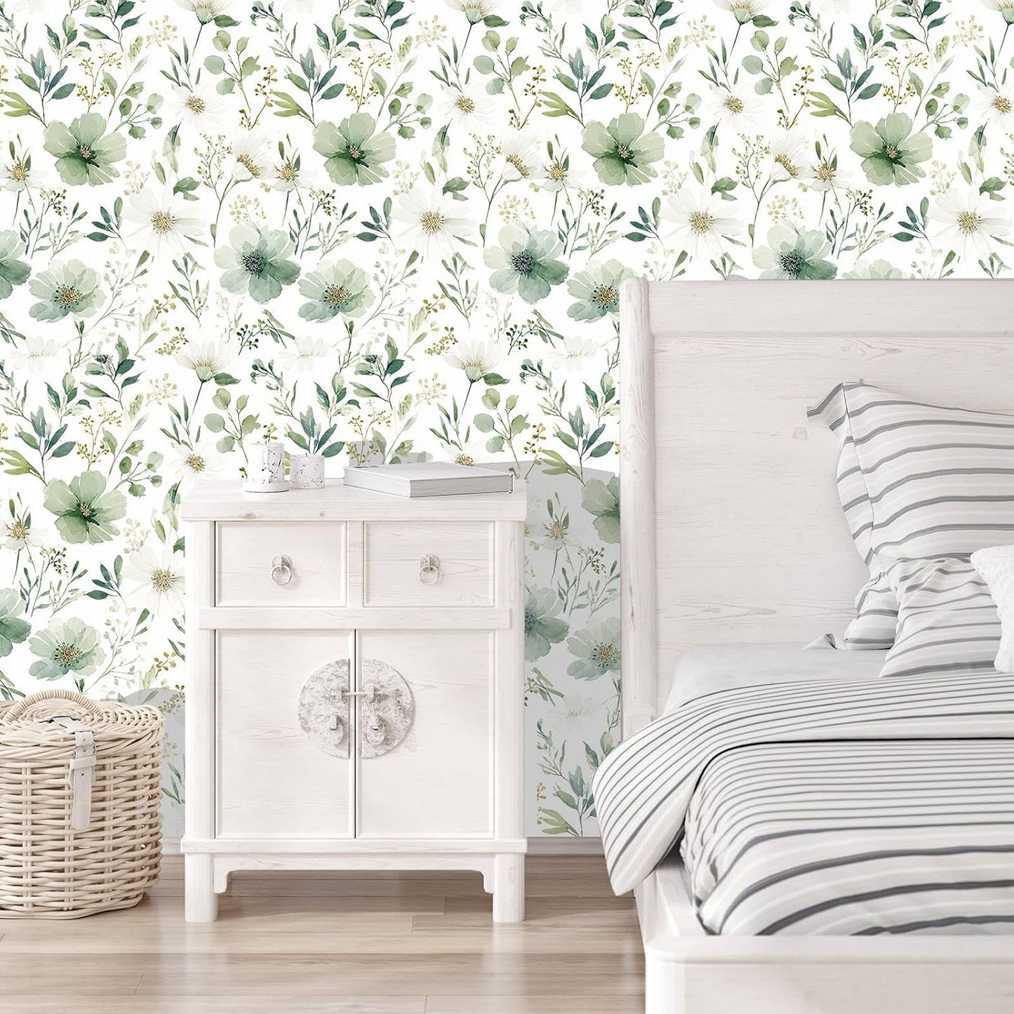 Sage Green Floral Peel and Stick Wallpaper Self Adhesive Removable Modern for Bedroom Accent Wall Renter Friendly Thick Watercolor Natural Flower Wallpaper 17.7" x 118"