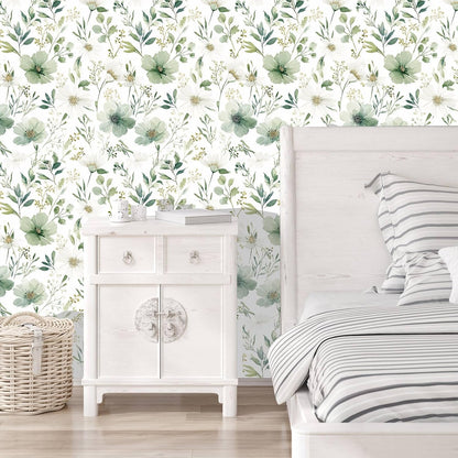 Sage Green Floral Peel and Stick Wallpaper Self Adhesive Removable Modern for Bedroom Accent Wall Renter Friendly Thick Watercolor Natural Flower Wallpaper 17.7" x 118"