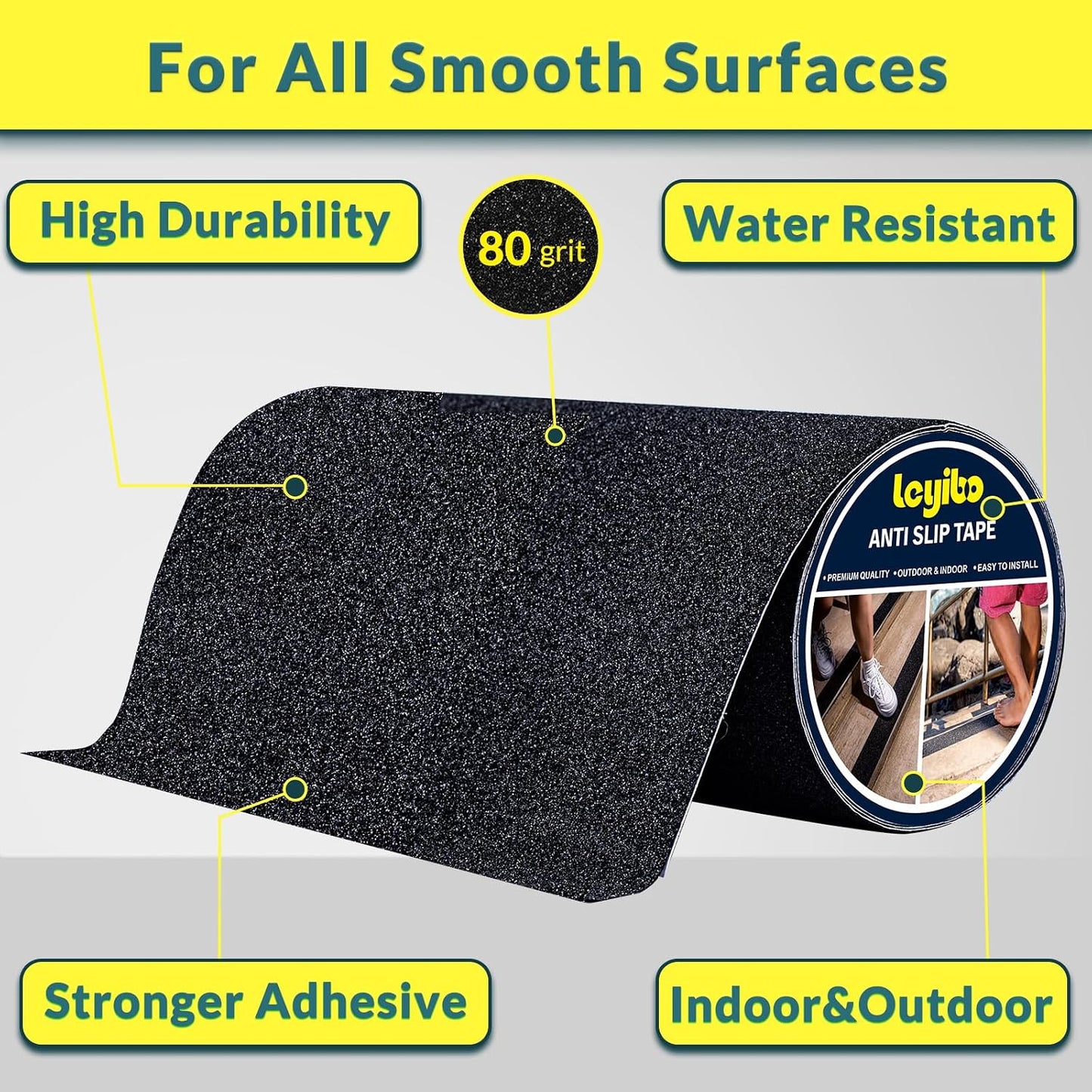 Anti Slip Tape, 12 Inch x 16 Ft Grip Tape for Stairs Outdoor/Indoor, Waterproof Non Skid Roll for Stair Treads Non Slip, High Traction Friction Abrasive Adhesive Stair Steps - Black