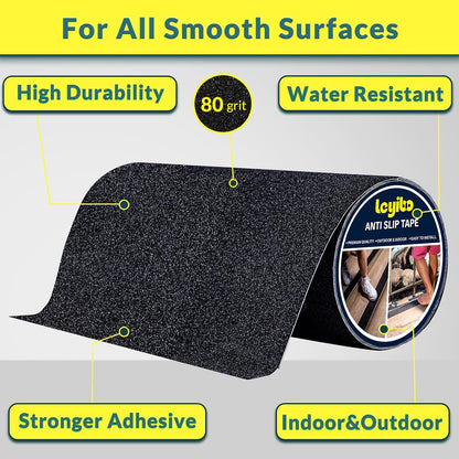 Anti Slip Tape, 12 Inch x 16 Ft Grip Tape for Stairs Outdoor/Indoor, Waterproof Non Skid Roll for Stair Treads Non Slip, High Traction Friction Abrasive Adhesive Stair Steps - Black