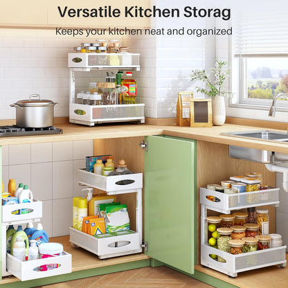 Under Sink Organizer, 2 Tier Pull out Cabinet Organizer Baskets with Mesh Sliding Drawers, Slide out Storage Shelf for Home, Kitchen, Bathroom, Pantry, Office Cabinet, Countertop(1 Pack)