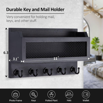 Nekon Mail and Key Holder for Wall Decorative, 11 Inch Wooden Wall Key Organizer with 5 Key Hooks, Wall Mount Storage Shelf for Entryway Hallway (Brown)