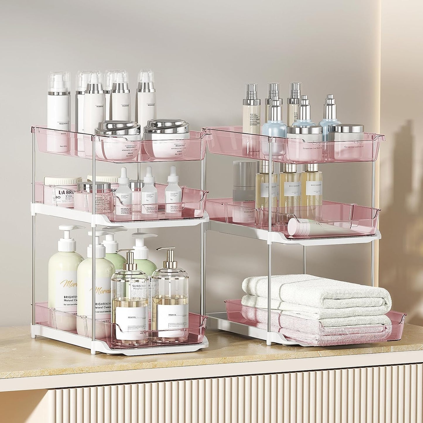 Delamu 2 Sets of 3-Tier Bathroom Under Sink Organizers and Storage, Multi-Purpose Stackable Pantry Organization and Storage, Pull Out Clear Kitchen Bathroom Cabinet Organizer with Movable Dividers | Storage