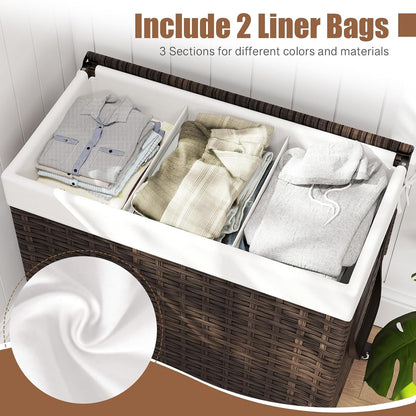 GOFLAME Laundry Hamper with Lid and Wheels, 125L Hand Woven Rattan Laundry Basket with 3 Divided Sections, Handles, 2 Removable and Washable Liner Bags, Dirty Clothes Hamper for Bedroom (Natural)