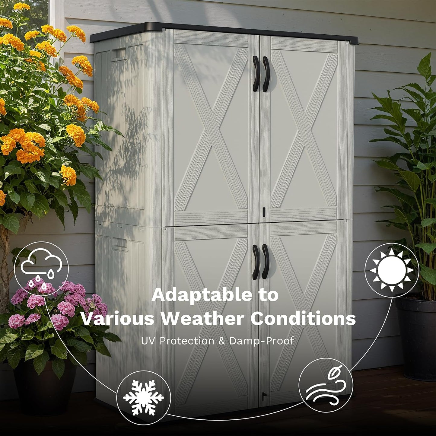 Greesum Outdoor Storage Cabinet, 26 CUFT Deck Box Without Shelves, Waterproof Plastic Storage Shed for Patio Cushions, Gardening Tools, Lockable and Sidehandles, UV Resistant, Beige
