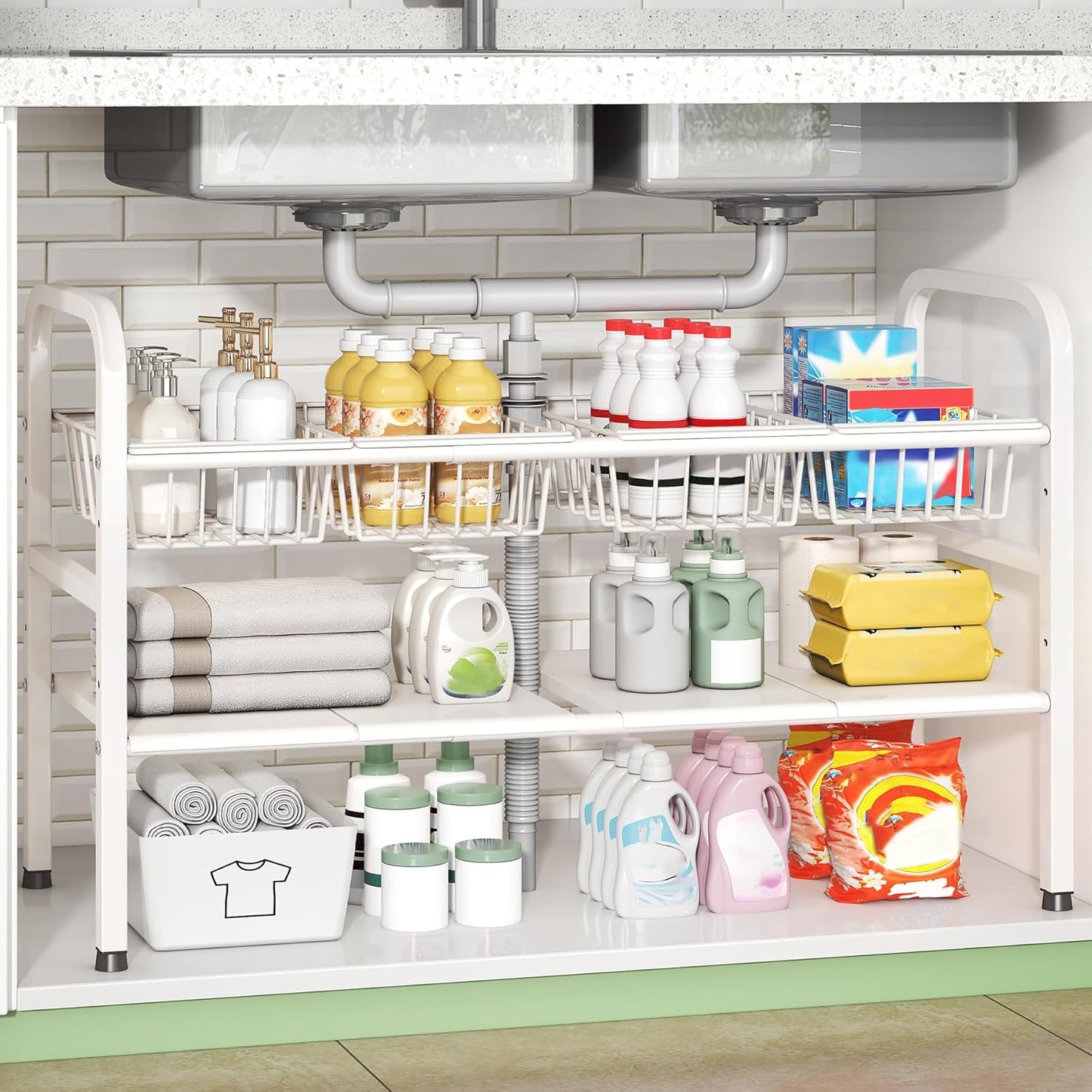 2 Tier Under Sink Organizer Expandable Length/Height Adjustable Heavy | Length/height adjustable fits any cabinet, 4 removable shelves/baskets, anti-wobble feet, for kitchen/bathroom/laundry