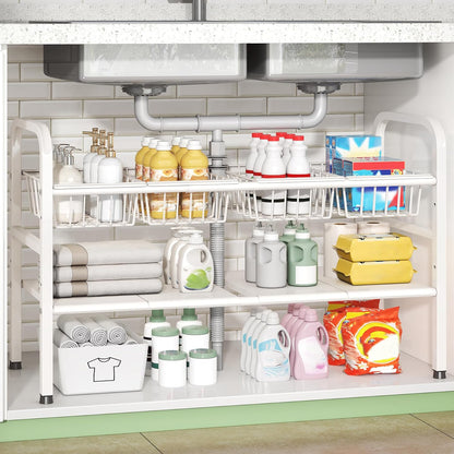 2 Tier Under Sink Organizer Expandable Length/Height Adjustable Heavy | Length/height adjustable fits any cabinet, 4 removable shelves/baskets, anti-wobble feet, for kitchen/bathroom/laundry