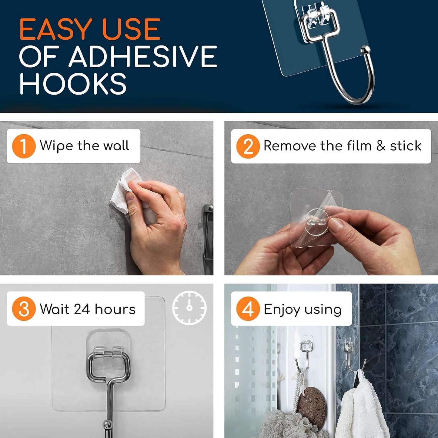 GLUIT Adhesive Wall Hooks for Hanging Heavy Duty 22 lbs Hooks for Walls No Drill, Towel Sticky Clear Hook, Waterproof, Home, Bathroom, Kitchen, Office, and Outdoor 12 Pack