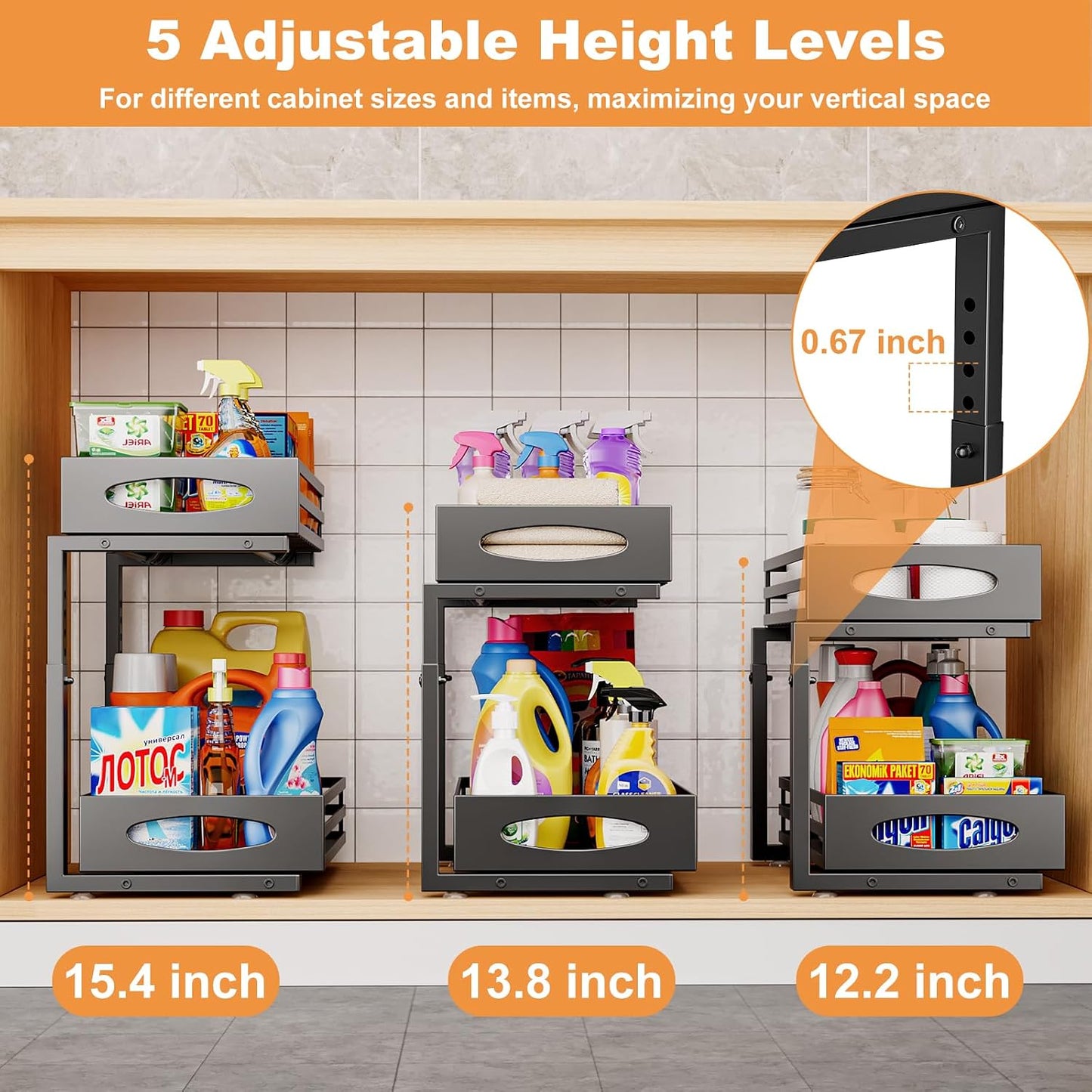 mixeshop Under Sink Organizer, 2 Tier Under Sink Organizers and Storage, Adjustable Height, Slide out Metal Cabinet Organizers, Pull out Cabinet Storage Drawer Shelf for Kitchen Bathroom (Black, 2)
