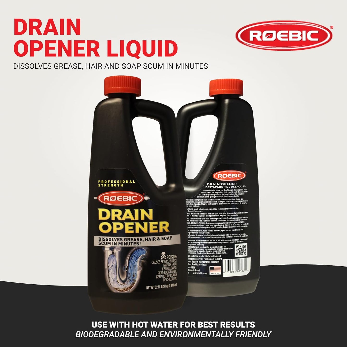 Roebic Liquid Drain Cleaner, Kitchen Sink Grease and Pipe Clog Remover, Professional Strength, 32 fl oz (1 Quart)