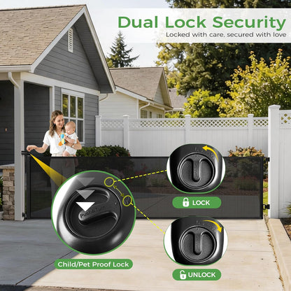 FRUITEAM 120" Wide Outdoor Waterproof Retractable Gate for Dogs & Kids – Ground Stakes, Easy One-Hand Operation, Scratch-Resistant & Tear-Proof Mesh for Indoor/Outdoor Use on Garage, Driveway – Black