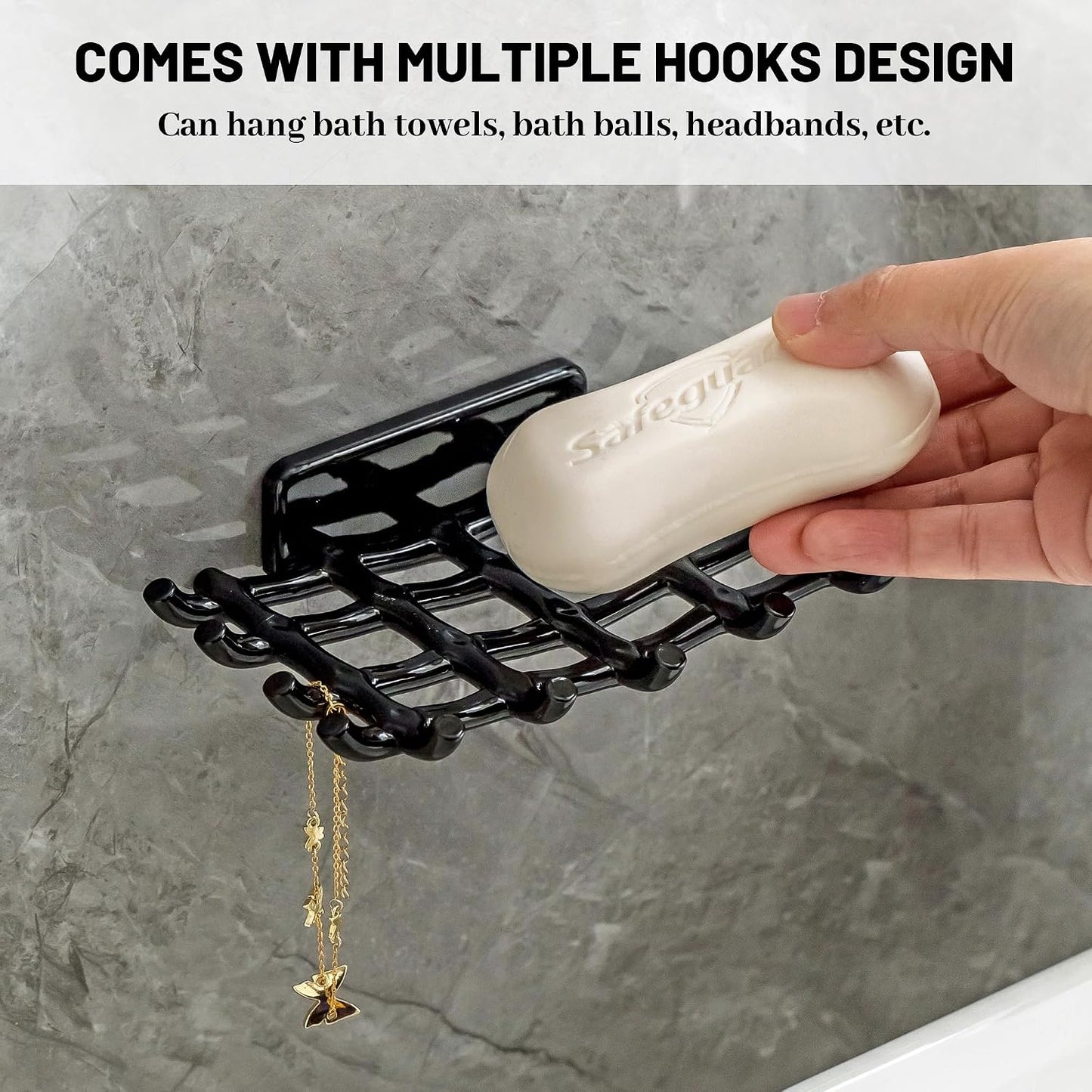 Shower Soap Holder for Wall, Adhesive Bar Soap Dish with Self Draining Grid, Side Hooks and No Drilling Mount, Black, 2 Pack