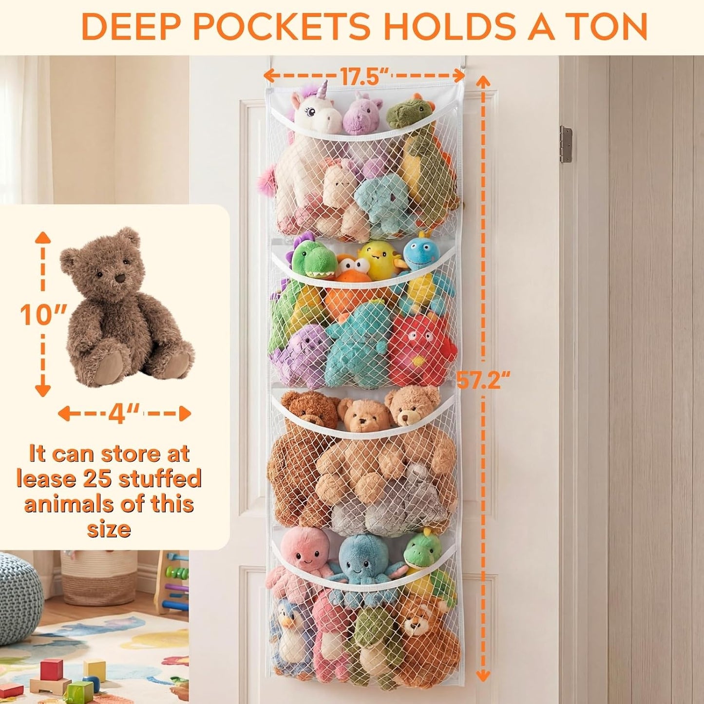 Ofiray-home Cotton Over The Door Stuffed Animal Storage | Toy Organizer for Storage Plush Toys, Stuffed Animal Holder with 4 Large Pockets, Hanging Door Organizer for Nursery
