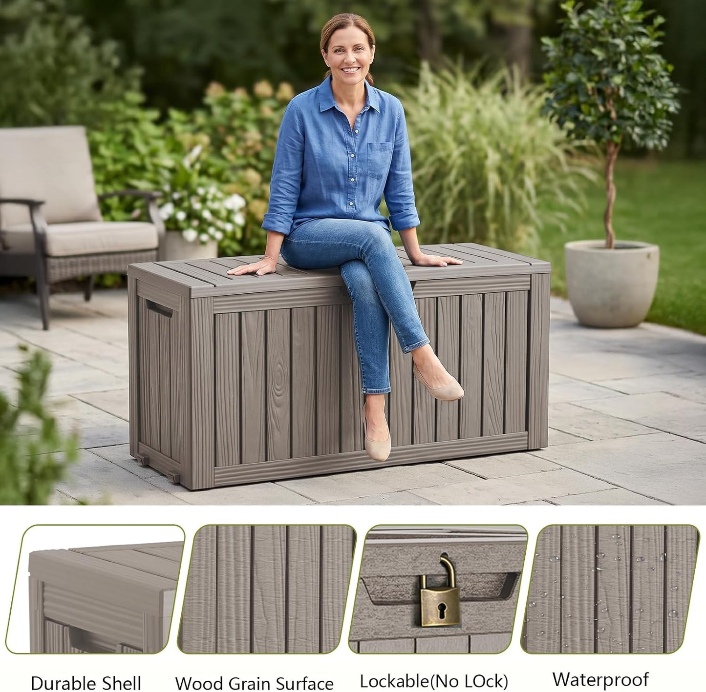 Waterproof Outdoor Storage Box Outside Deck Box Lockable Resin Bench UV Resistant Furniture Cushion Pool Tool Float Bin Patio Garden Porch (Black, 120 Gallon)