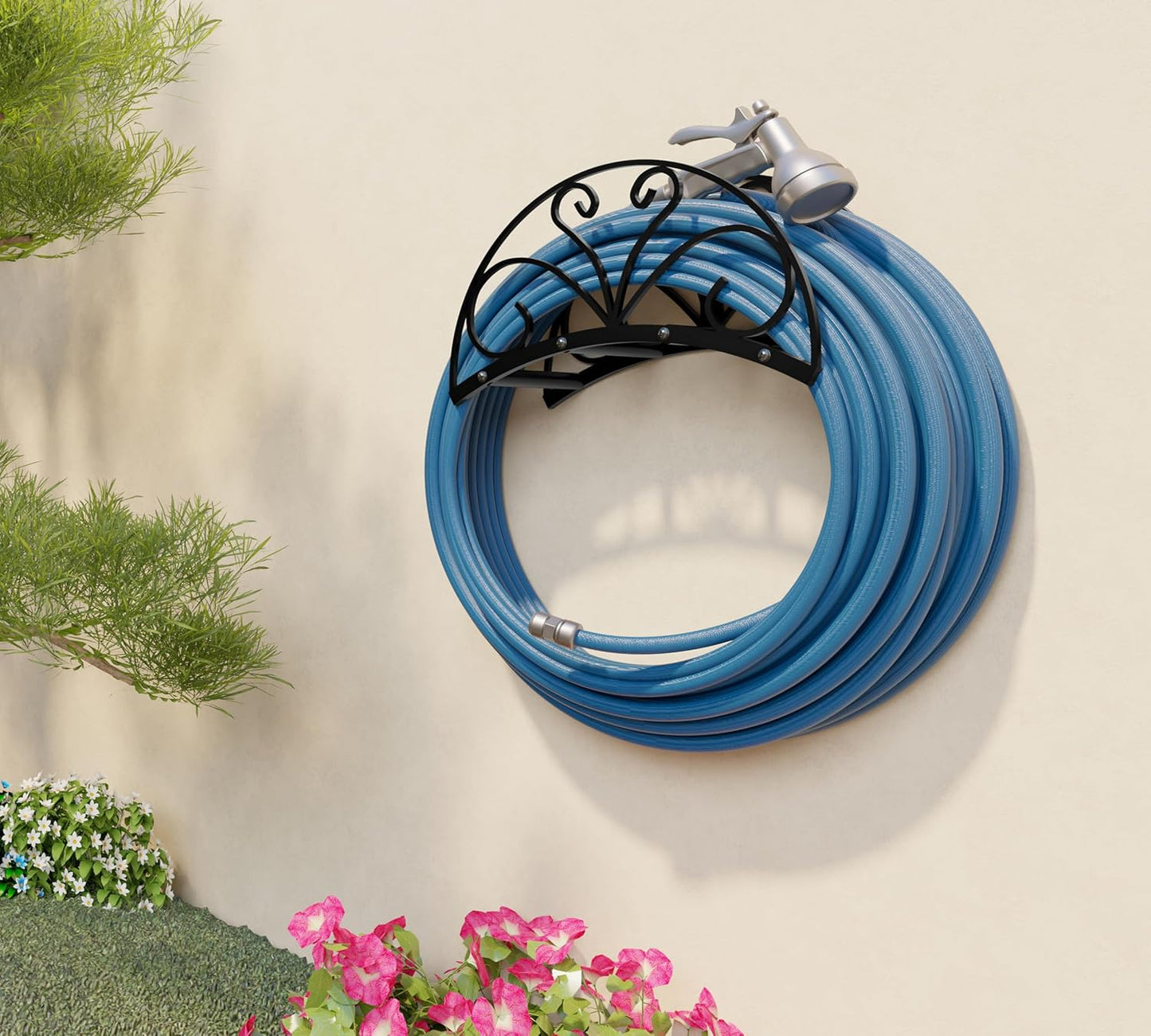 Fire Beauty Heavy-Duty Metal Hose Holder, Wall-Mounted Garden Hose Reel Organizer for Outdoor Yard, Solid Iron Decorative Hanger Storage