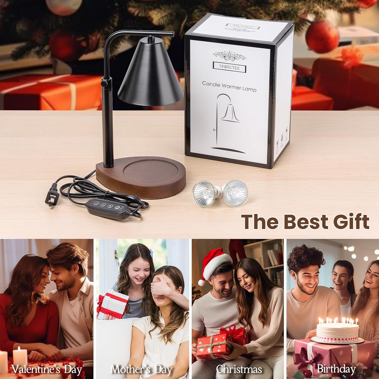 Marycele Candle Warmer Lamp with Timer & Dimmer - Mothers Day Gifts for Women Mom Her, Aesthetic Office Home Decor, Adjustable Height Wax Melter for Candle Jar & 3-Wick Candles (2 Bulbs Included)
