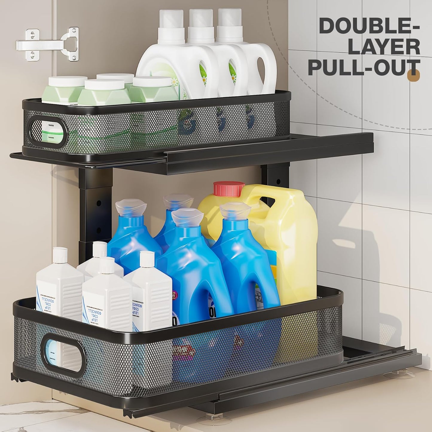 2 Pack 18.5IN-Depth Under Sink Organizer With Next-Gen Ball-Bearing Slides,2-Tier Precision Mesh Pull Out Cabinet Storage for Bathroom&Kitchen,Height Adjustable Drawers Shelf,Anti-rust-White
