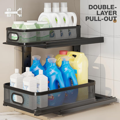 2 Pack 18.5IN-Depth Under Sink Organizer With Next-Gen Ball-Bearing Slides,2-Tier Precision Mesh Pull Out Cabinet Storage for Bathroom&Kitchen,Height Adjustable Drawers Shelf,Anti-rust-White