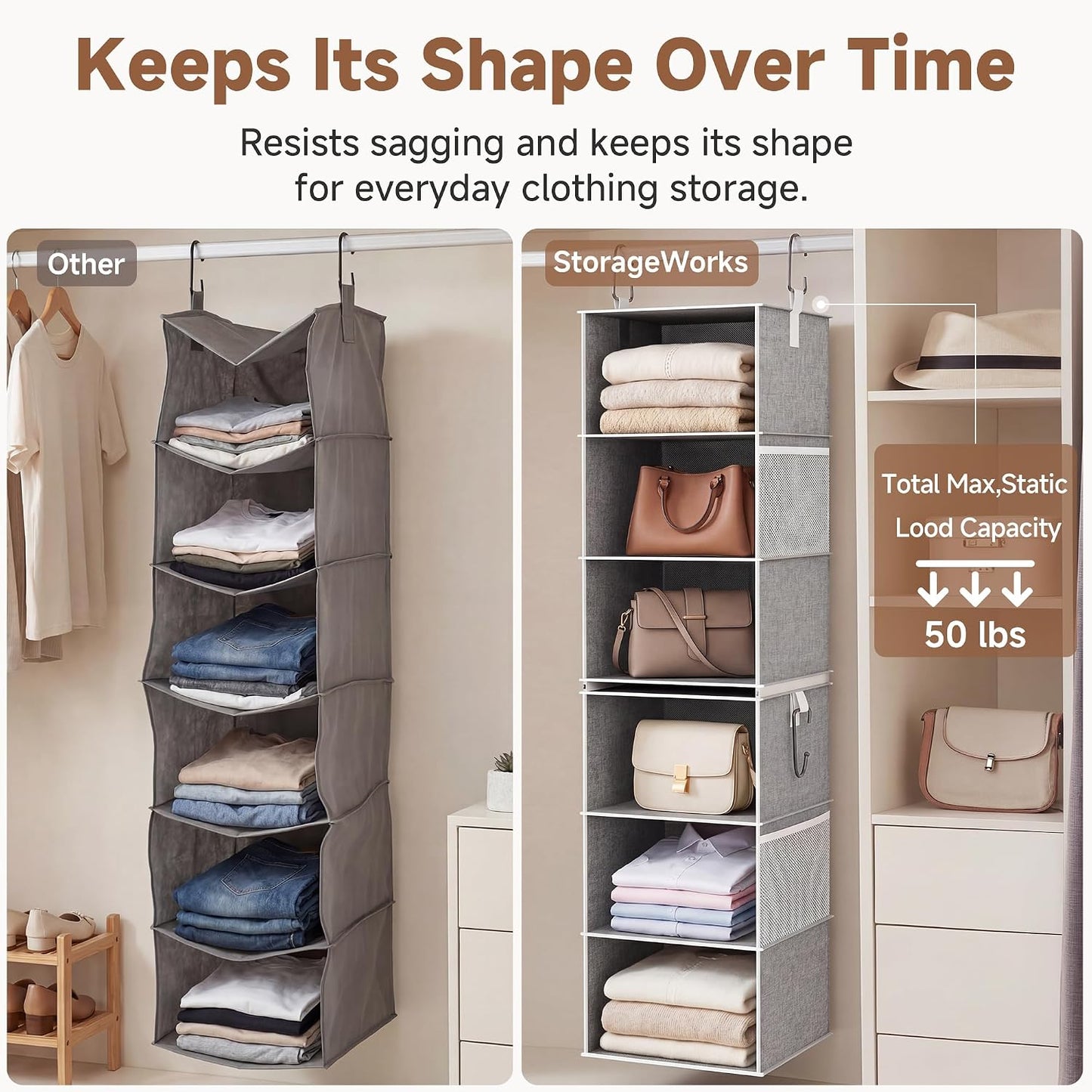 StorageWorks 6-Shelf Closet Organizers, Two 3-Shelf Separable Hanging Shelves for Closet, 12 1⁄2" D x 12 1⁄2" W x 47 ¼" H, Mixing of Beige, White & Ivory