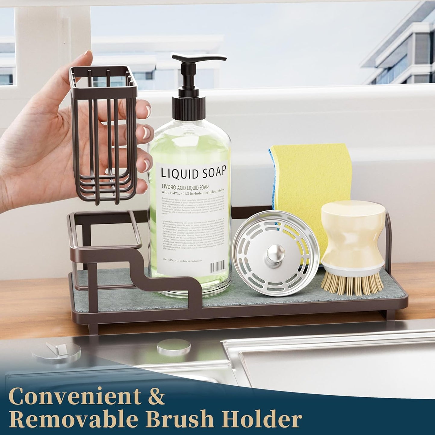 Consumest Sponge Holder for Kitchen Sink - Sink Caddy Organizer with Water Absorbing Stone Tray, Detachable Brush Holder, Stainless Steel Kitchen Counter Organizer Rack, Black