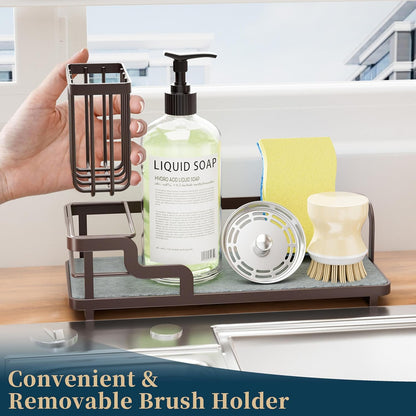 Consumest Sponge Holder for Kitchen Sink - Sink Caddy Organizer with Water Absorbing Stone Tray, Detachable Brush Holder, Stainless Steel Kitchen Counter Organizer Rack, Black