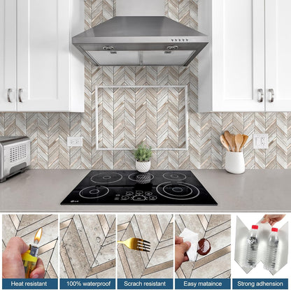 Yipscazo 10-Sheet Herringbone Backsplash Peel and Stick Tile, Polished White PVC Stick on Backsplash for Kitchen, Waterproof Self Adhesive Wall Tile for Bathroom
