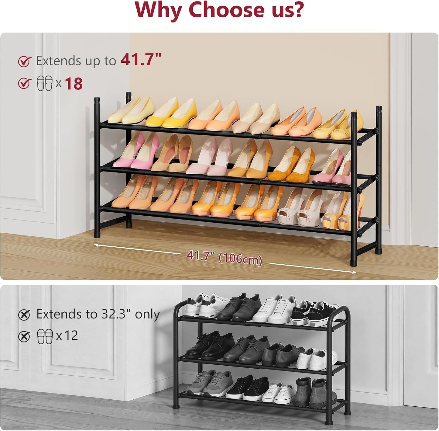 Tajsoon Expandable Shoe Rack for Closet 3 Tier, 28“-41“Adjustable & Stackable Shoe Shelf Storage, Metal Shoe Rack Organizer for Front Door Entrance, Closet, Garage, Entryway, Black