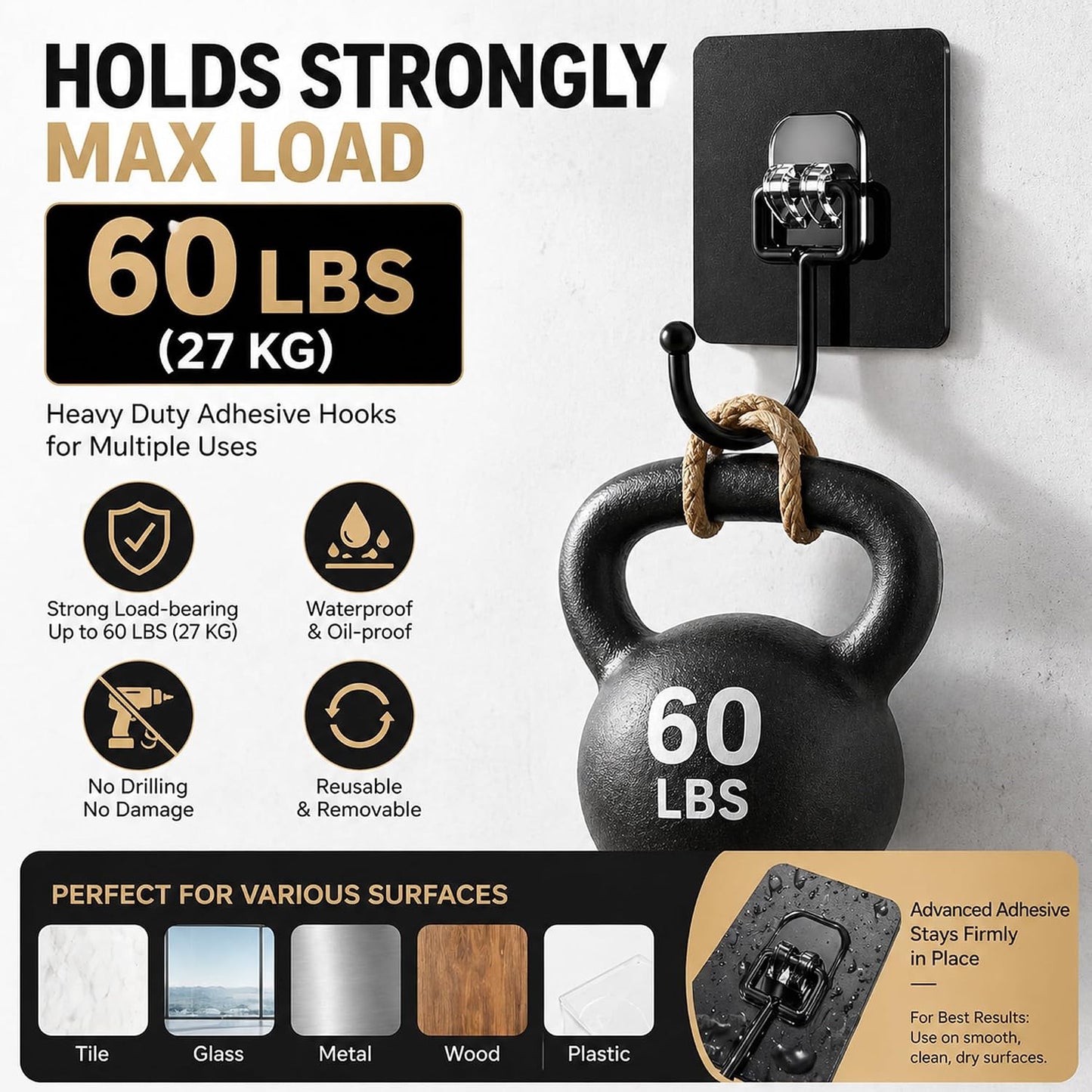 Heavy Duty Adhesive Hooks 60lb Max, 12 Pack Wall Hooks, Strong Stick On Hooks Traceless Waterproof & Rustproof for Bathroom Kitchen Home Hanging (12, Clear)