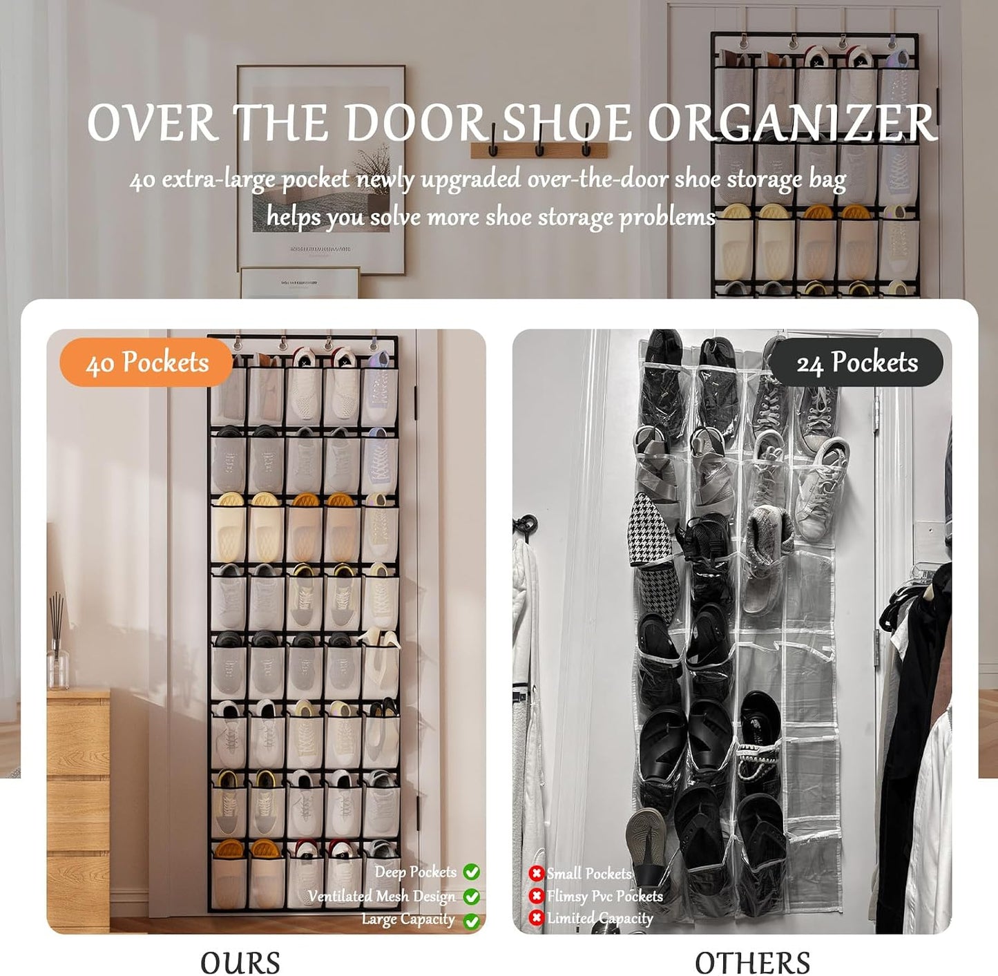 homyfort Over the Door Shoe Organizer, Hanging Shoe Rack Storage Holder with 24 Large Pockets for Closet Door, Men Women Kids Shoes, Cruise (Black)