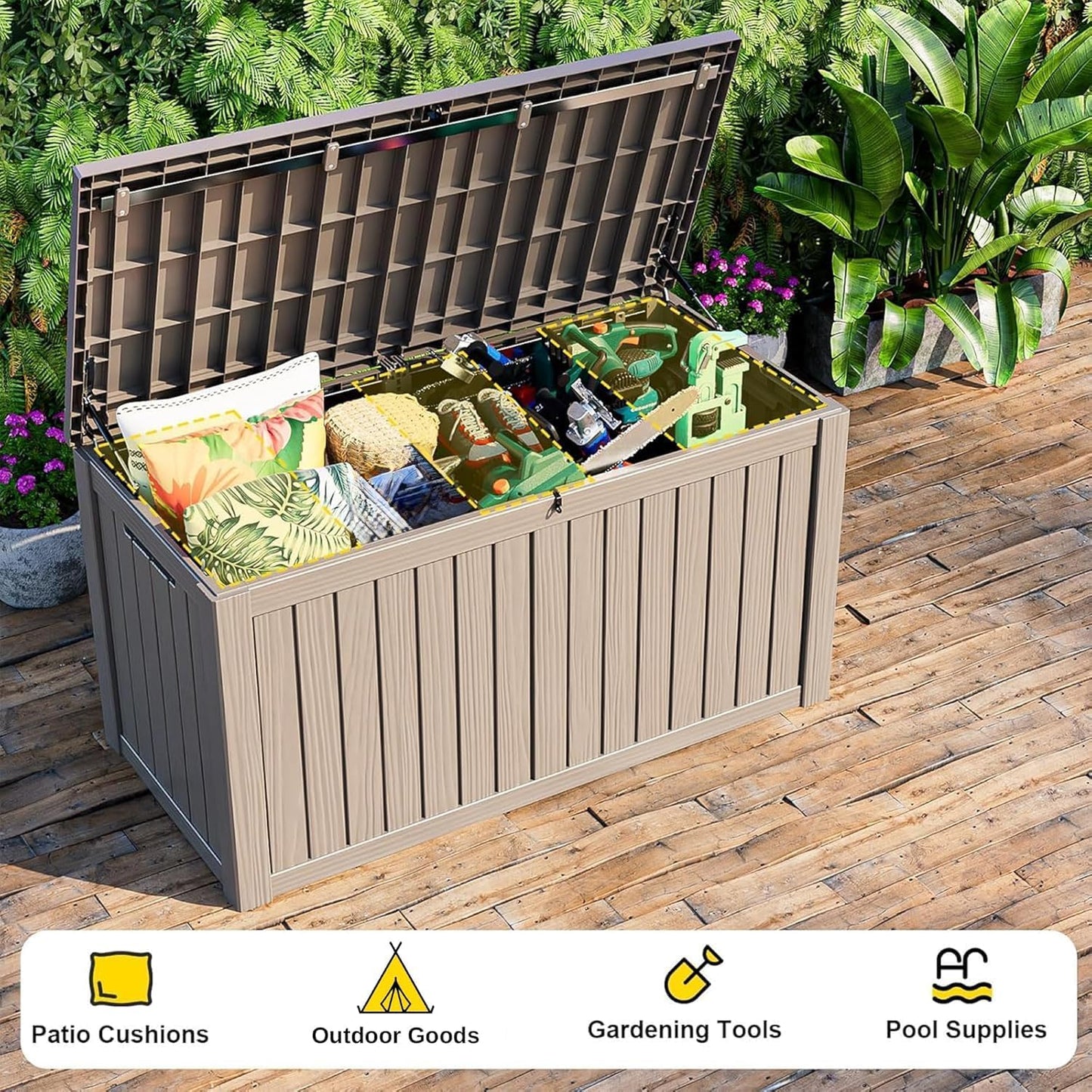 320 Gallon Waterproof Outdoor Storage Box, UV Resistant Resin Deck Box with Hydraulic Rod for Reinforced Stability, Perfect for Patio, Garden, and Pool（Black，320 Gallon）