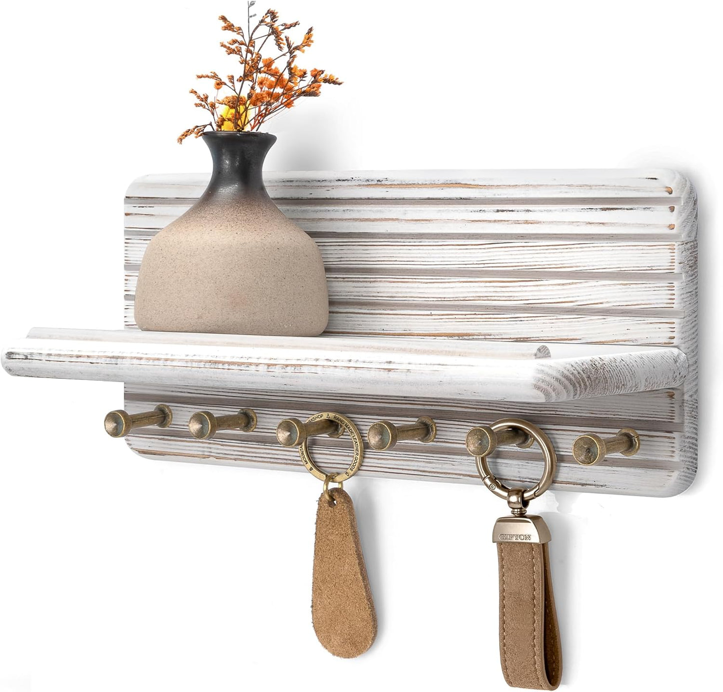 Rebee Vision Farmhouse Key Holder Wall Mount for Home Decor – Decorative Pine Wooden Key Holder for Wall with 6 Hooks & Floating Shelf - Rustic Charm for Room Decor Aesthetic (Brown)