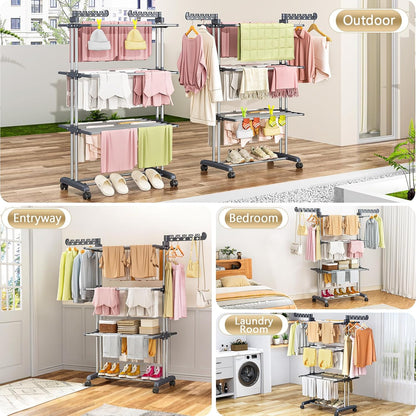 PurKeep 𝐔𝐩𝐠𝐫𝐚𝐝𝐞 Clothes Drying Rack with Wheels, 4 Tier Folding Drying Rack, Heavy Duty Laundry Drying Rack with Expandable Side Wings, Indoor Outdoor Clothes Air Drying Rack for Large Family