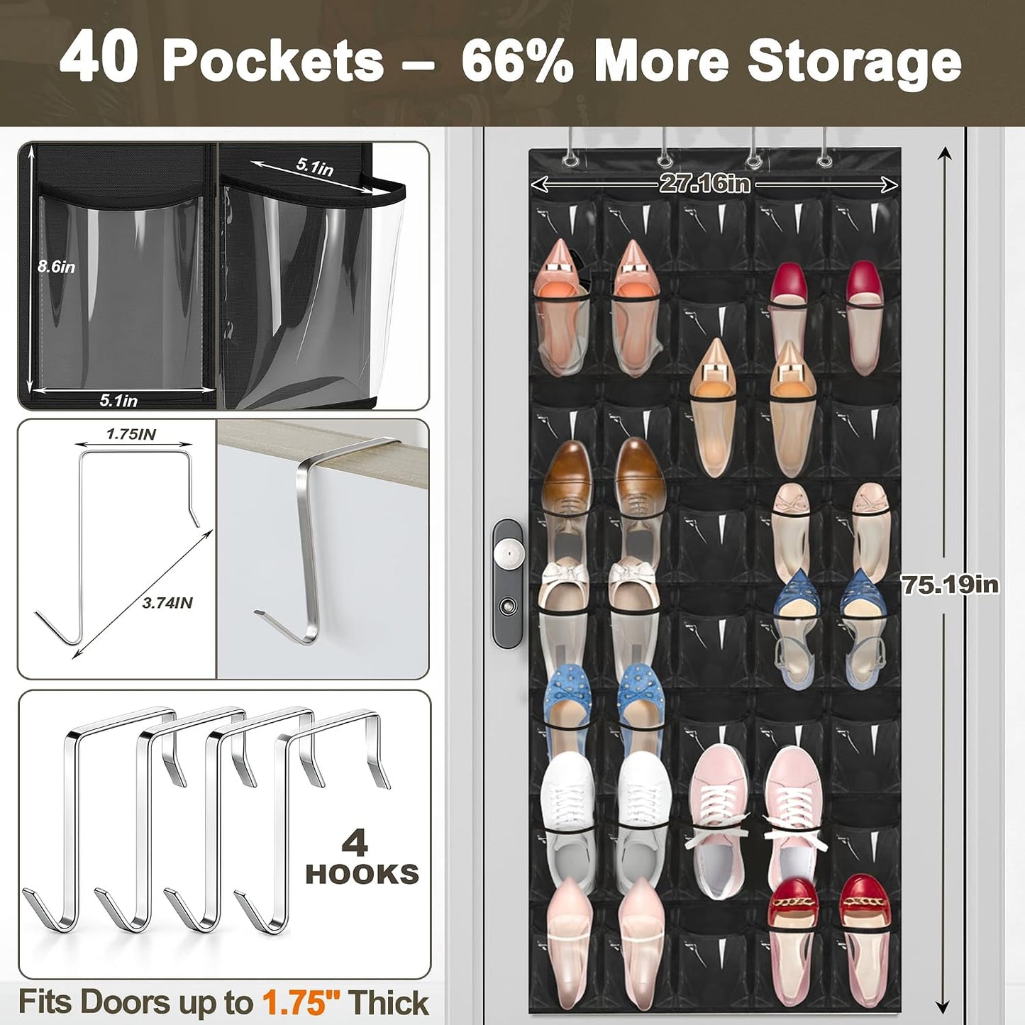 40 Pockets Over the Door Shoe Organizer – Waterproof Hanging Shoe Holder for Closet & Bathroom – Space-Saving Clear PVC Door Shoe Rack for Shoes, Toys, Toiletries & Snacks (White)