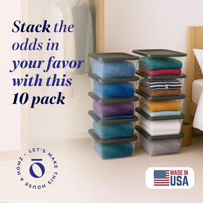 HOMZ 2-Pack Snaplock, Small Clear Plastic Storage Organizer Bins w/ Lids, 28 Quart, Gray - Stackable Container Boxes for Bedroom, Bathroom, Garage, and Office Organization
