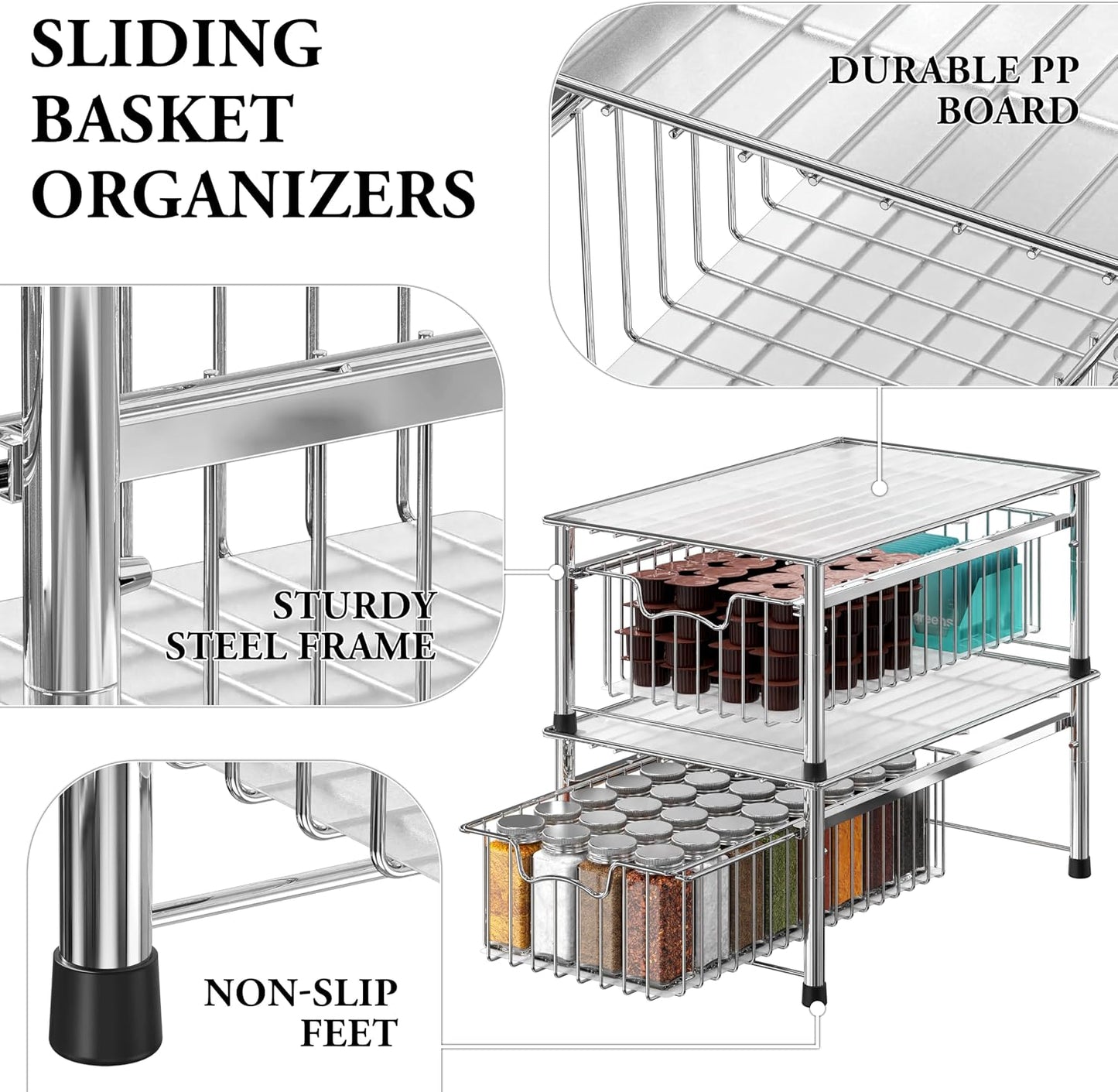 Simple Houseware Stackable 2 Tier Sliding Basket Organizer Drawer, Chrome