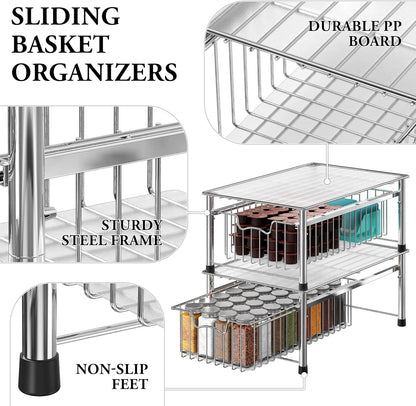 Simple Houseware Stackable 2 Tier Sliding Basket Organizer Drawer, Chrome