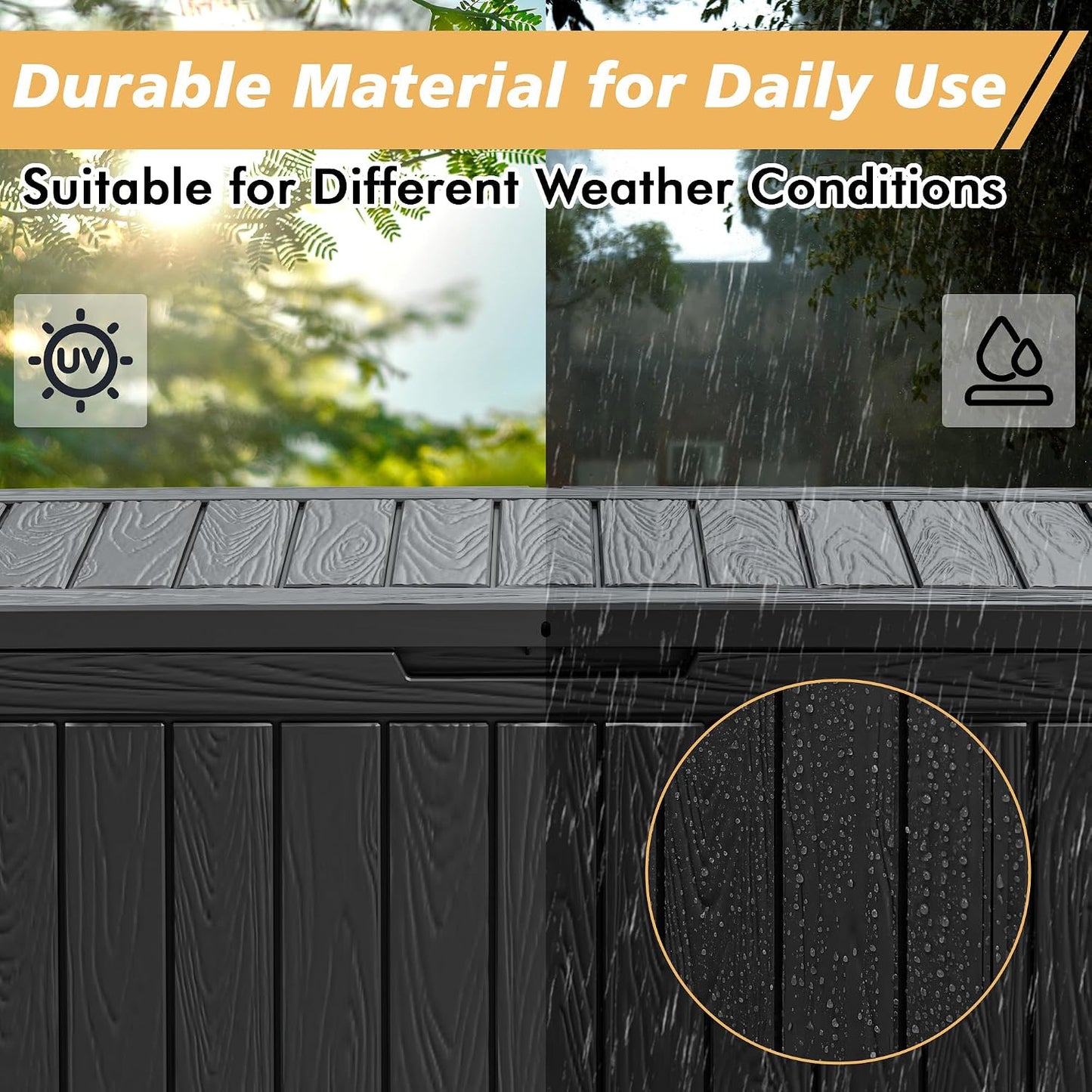 Fancyango 75 Gallon Outdoor Deck Box Waterproof, Large Storage Box for Patio, Resin Storage Bench Lockable for Garden Tools, Package Delivery, Black