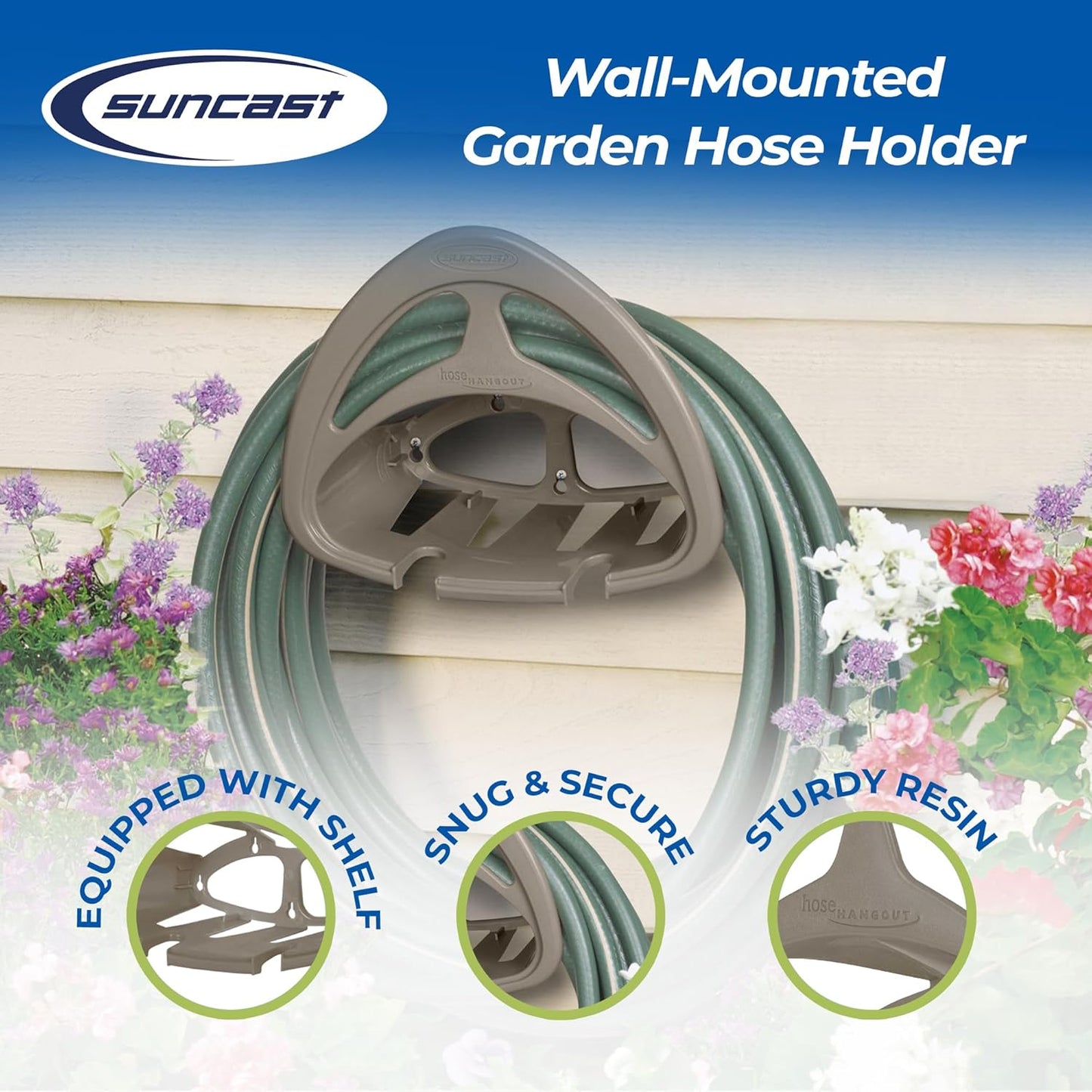 Suncast 2 Pack Hangout HH150 Outdoor Wall Mounted Durable Resin Garden Hose Holder with Accessories Shelf, Designed for 150 Foot Garden Hoses, Taupe