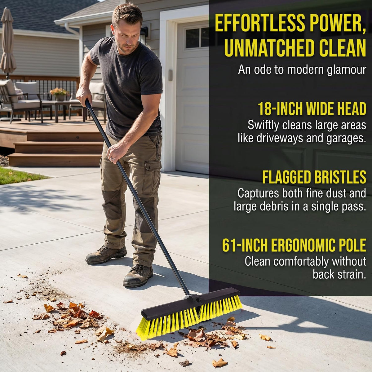 18" Heavy Duty Push Broom - 61" Adjustable 4-Section Metal Handle Stiff Flagged Hard Bristles Indoor Outdoor Floor Broom for Garage Patio Concrete Deck Shop Warehouse (Yellow, 18inches Wide)
