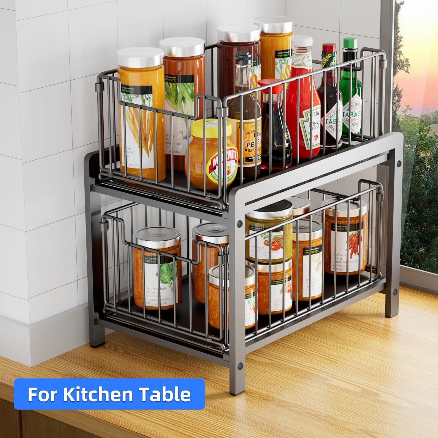 2 Tier Sliding Basket Drawer Organizer, Lxmons Pull Out Under Sink Cabinets Organizers, Metal Home Shelf for Bathroom or Kitchen, Sliding Countertop or Pantry Storage Shelf, Large Black