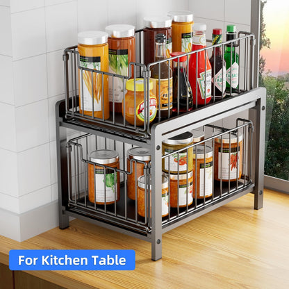 2 Tier Sliding Basket Drawer Organizer, Lxmons Pull Out Under Sink Cabinets Organizers, Metal Home Shelf for Bathroom or Kitchen, Sliding Countertop or Pantry Storage Shelf, Large Black