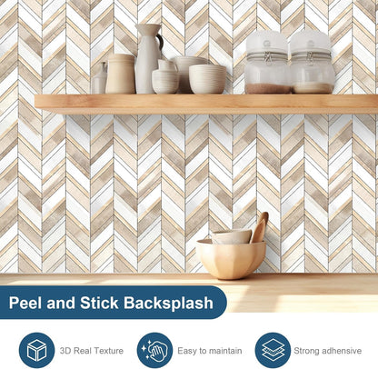 Yipscazo 10-Sheet Herringbone Backsplash Peel and Stick Tile, Polished White PVC Stick on Backsplash for Kitchen, Waterproof Self Adhesive Wall Tile for Bathroom