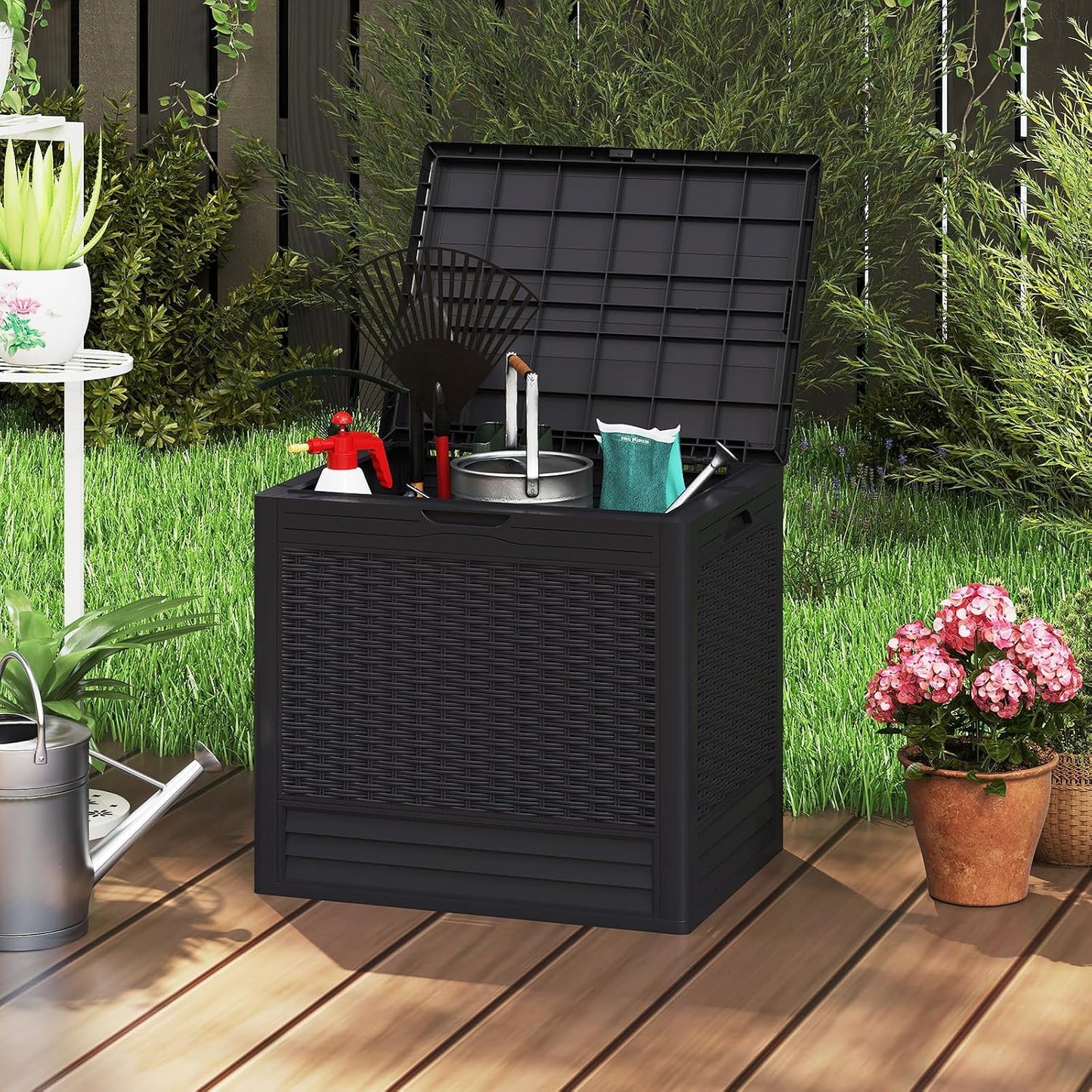 Tangkula 25 Gallon Waterproof Outdoor Storage Box with Lockable Lid | PP Resin, Wicker Patterned, Indoor Outdoor Use, Portable, Versatility, for Deck, Pool, Patio Cushions, Garden Tools