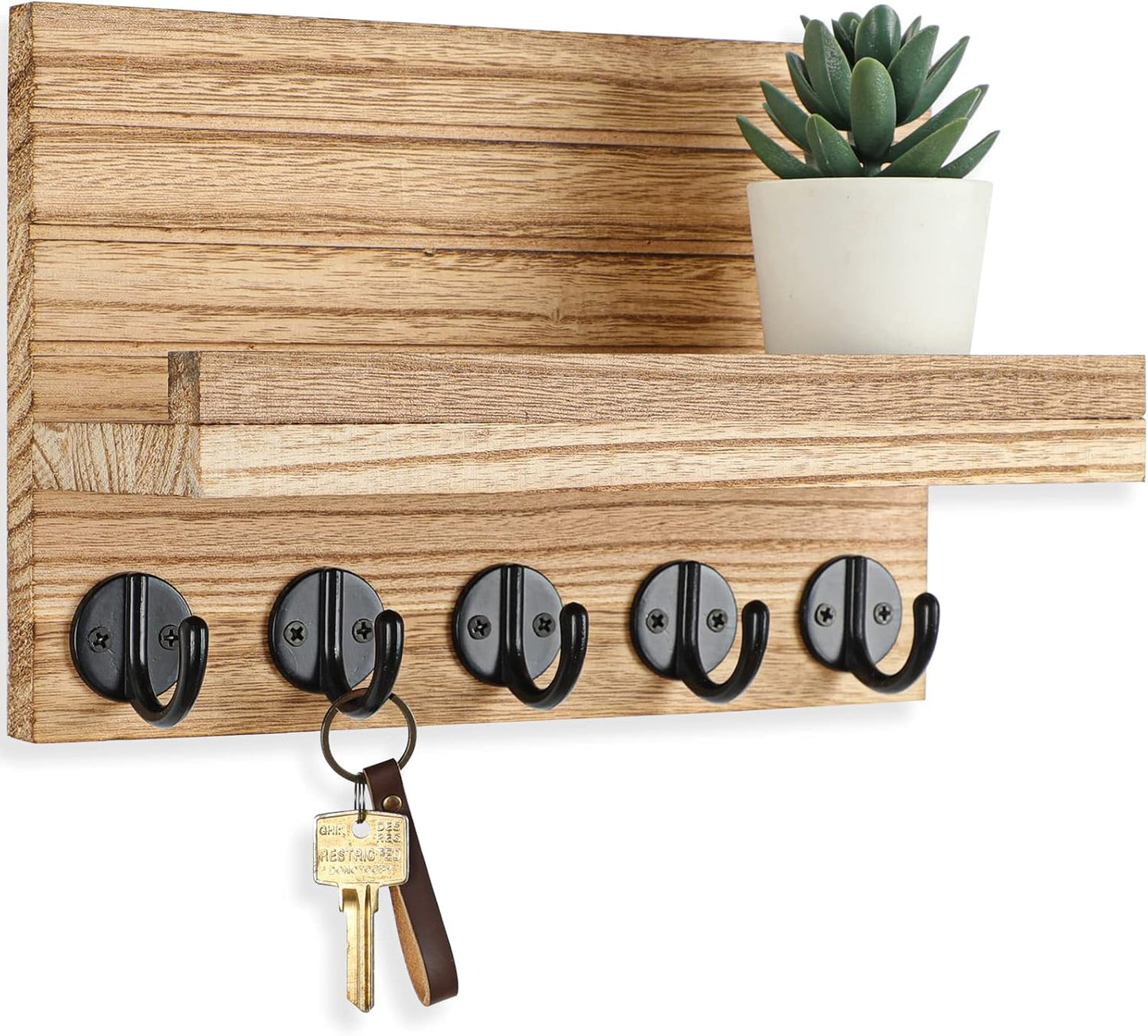 Lwenki Key Holder for Wall, Decorative Key and Mail Holder with Shelf Has Large Key Hooks for Bags, Coats – Paulownia Wood Key Hanger with Mounting Hardware (9.8”W x 6.7”H x 4.2”D) (Brown)