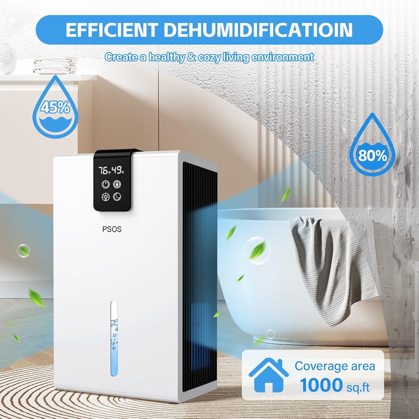PSOS Dehumidifier, Dehumidifiers for Home, 98 OZ Water Tank, (1000 sq.ft) Quiet Dehumidifier for Bathroom Basement Bedroom with Humidity Display, Relaxing 7 Color Ambient Light, Auto Shut Off(White)
