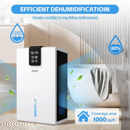 PSOS Dehumidifier, Dehumidifiers for Home, 98 OZ Water Tank, (1000 sq.ft) Quiet Dehumidifier for Bathroom Basement Bedroom with Humidity Display, Relaxing 7 Color Ambient Light, Auto Shut Off(White)