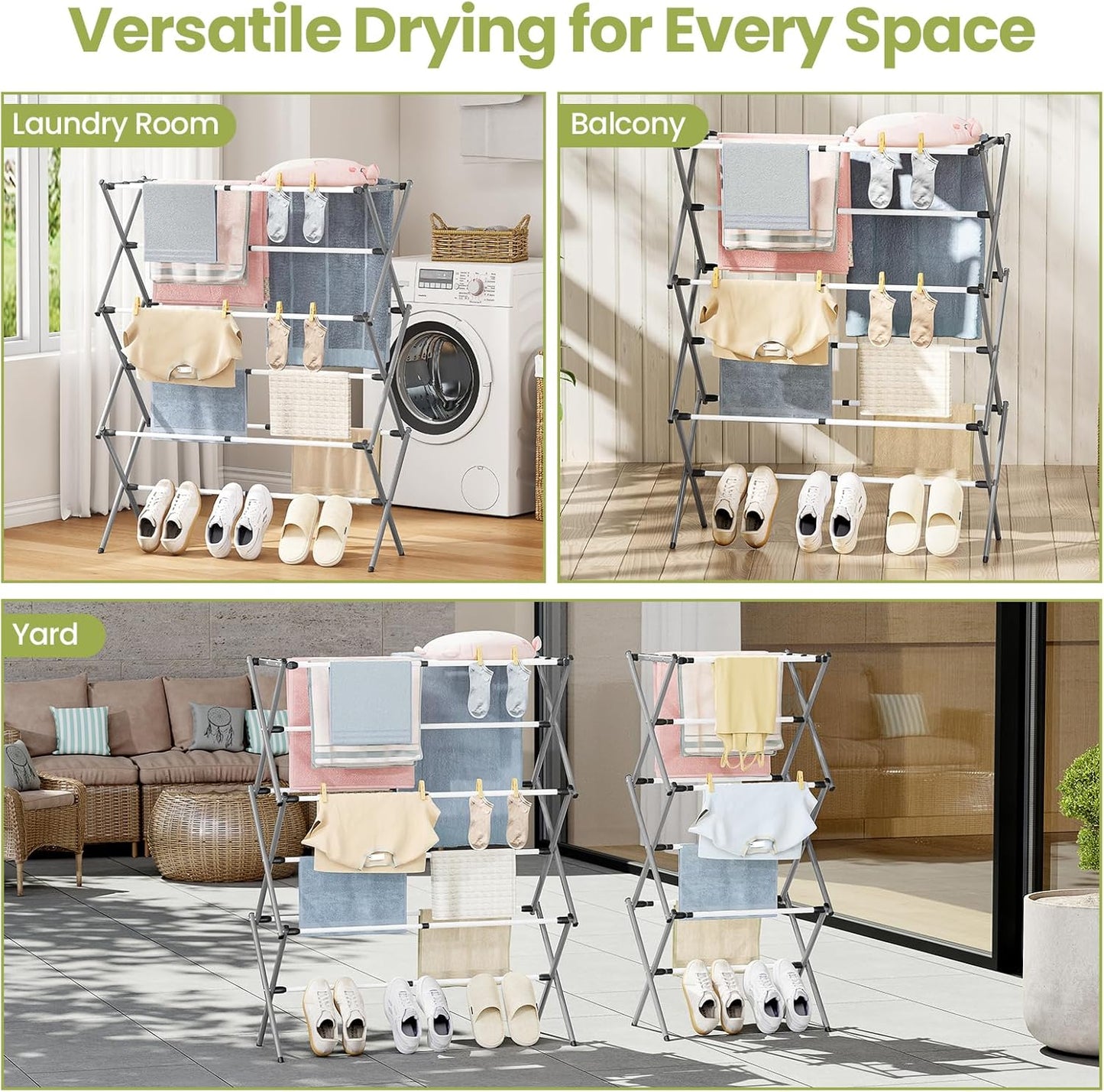 APEXCHASER Extra Large Clothes Drying Rack, Foldable & Extendable Laundry Rack with Adjustable Size (20.87"-35.43" L), Space-Saving, Rust-Resistant Frame for Indoor/Outdoor Use, White