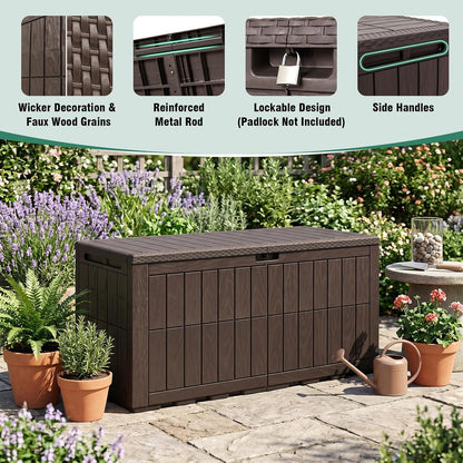 Tangkula 25 Gallon Waterproof Outdoor Storage Box with Lockable Lid | PP Resin, Wicker Patterned, Indoor Outdoor Use, Portable, Versatility, for Deck, Pool, Patio Cushions, Garden Tools